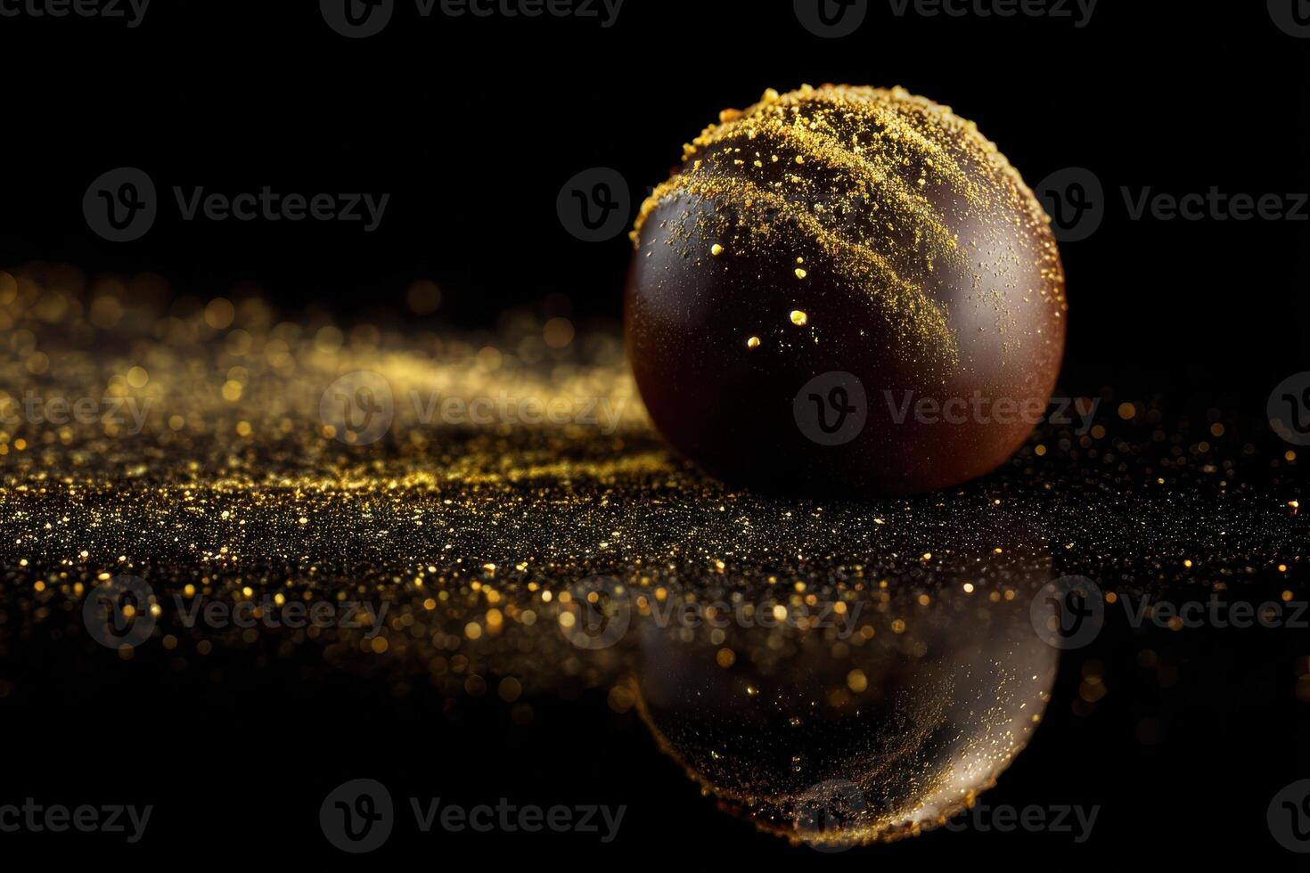 Round chocolate ball dusted with gold shimmer, artfully reflected on glossy surface. Soft lighting enhances the texture, creating a luxurious, decadent, and elegant atmosphere photo
