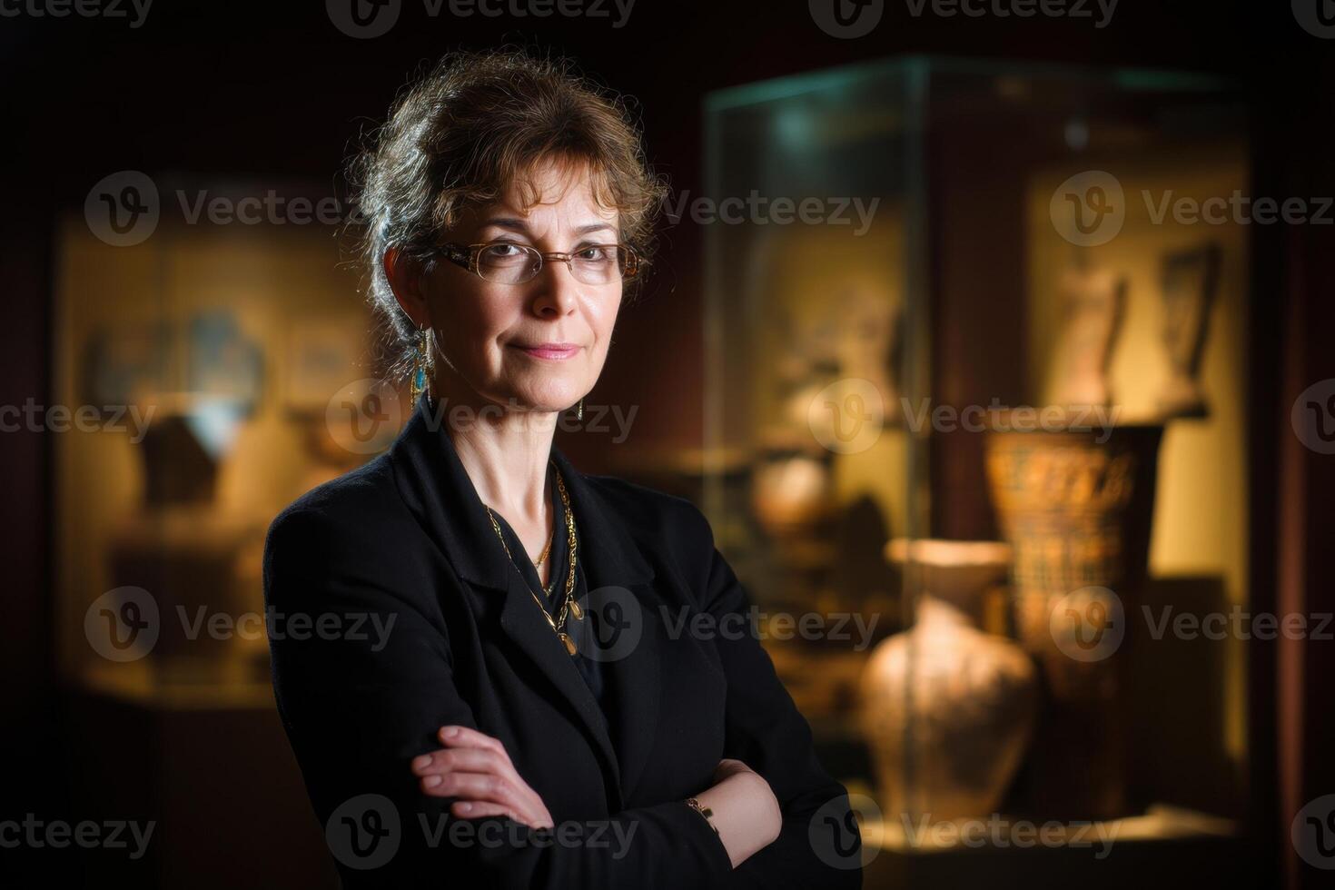 Curly-haired woman with glasses and a confident expression, wearing a black outfit with arms crossed, stands in front of display cases with ancient artifacts and pottery in museum photo