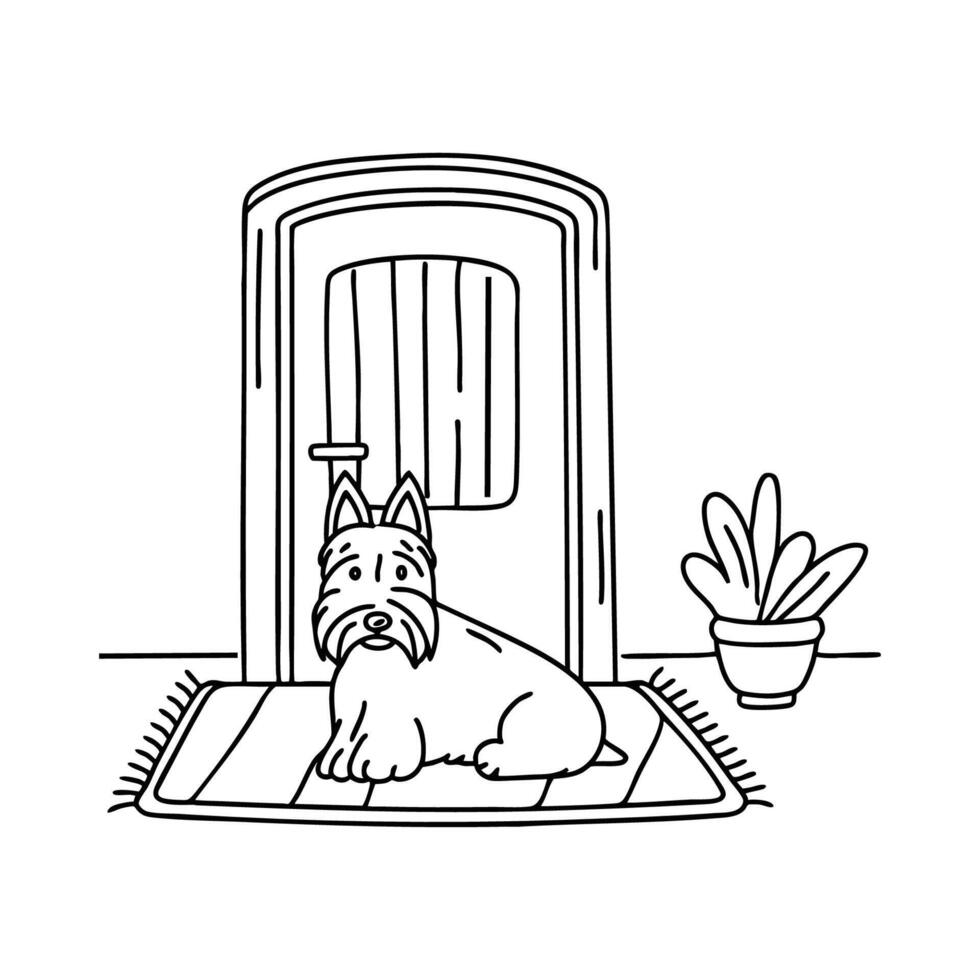 A Scottish terrier sitting alert on a doormat by the door vector
