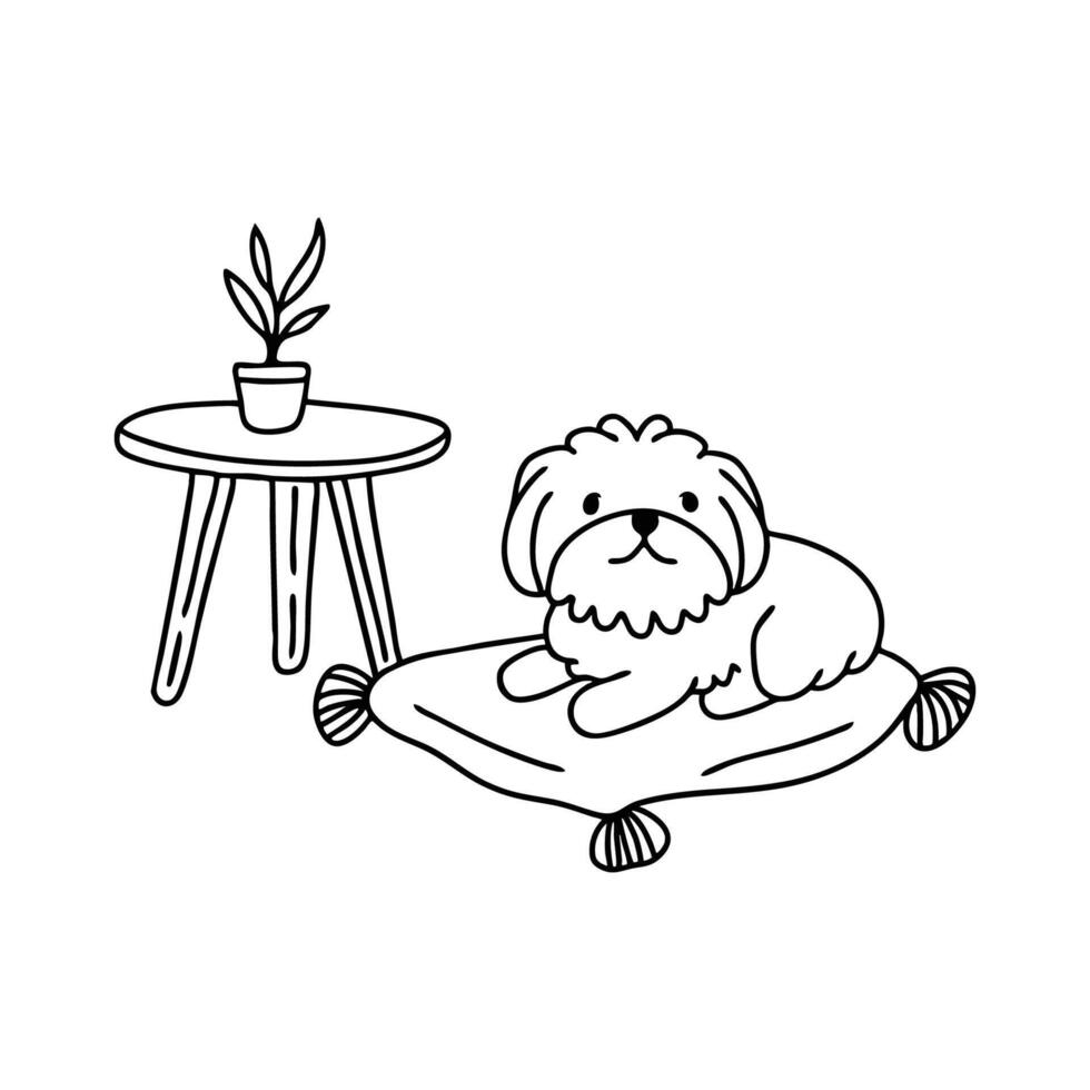 A Shih Tzu resting on a cushion beside a coffee table vector