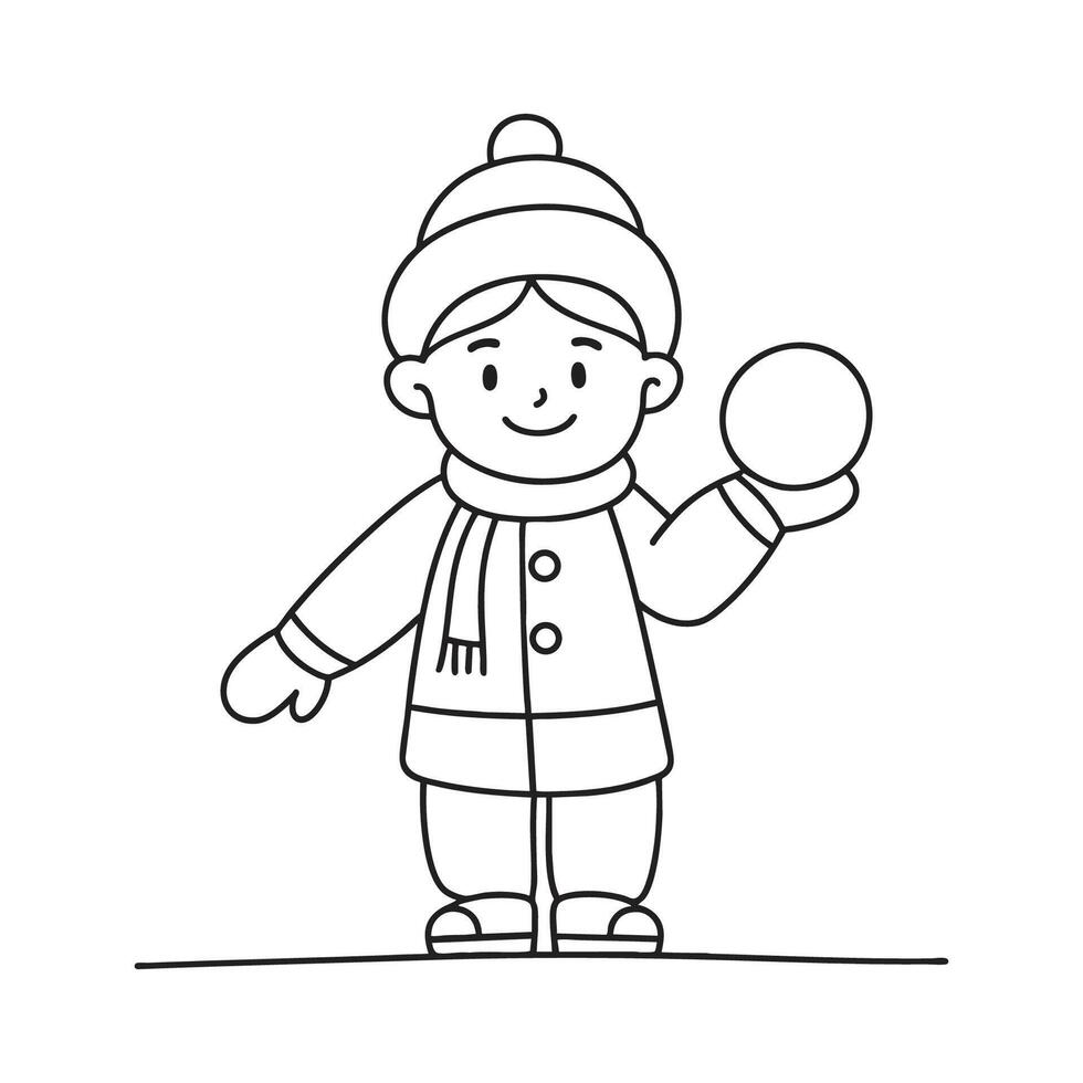 A child in a winter coat holding a snowball ready to throw vector