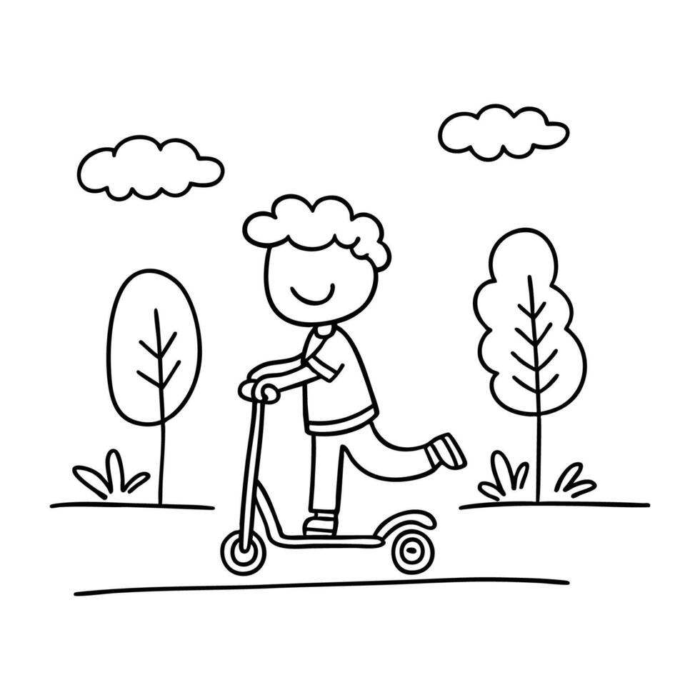 A child riding a scooter along a quiet sidewalk vector