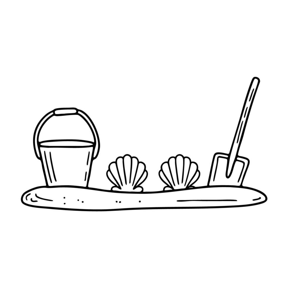 Seashells half buried in wet sand near a bucket and shovel vector