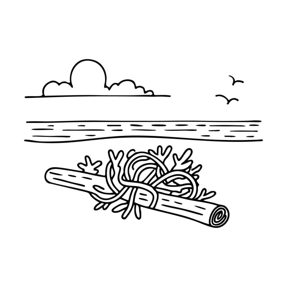 A clump of seaweed tangled around a piece of driftwood at beach vector