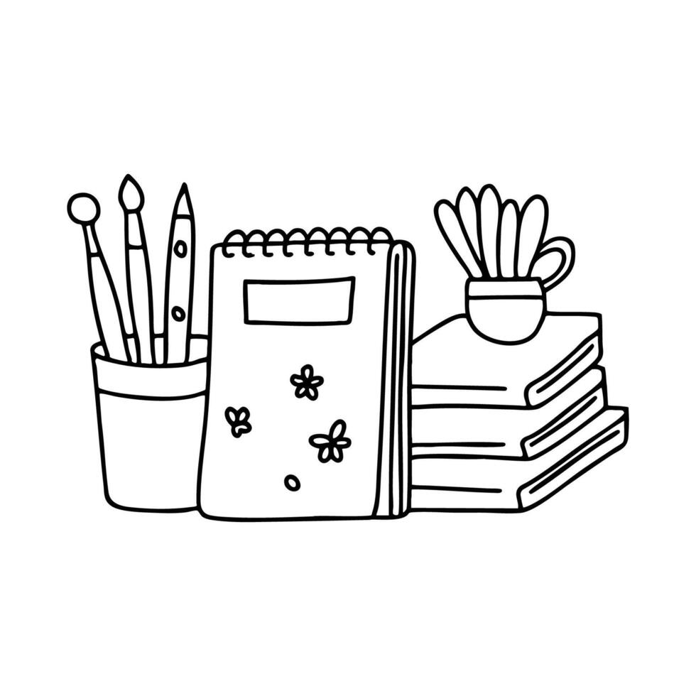 A pile of sketchbooks stacked beside a drawer of art tools vector
