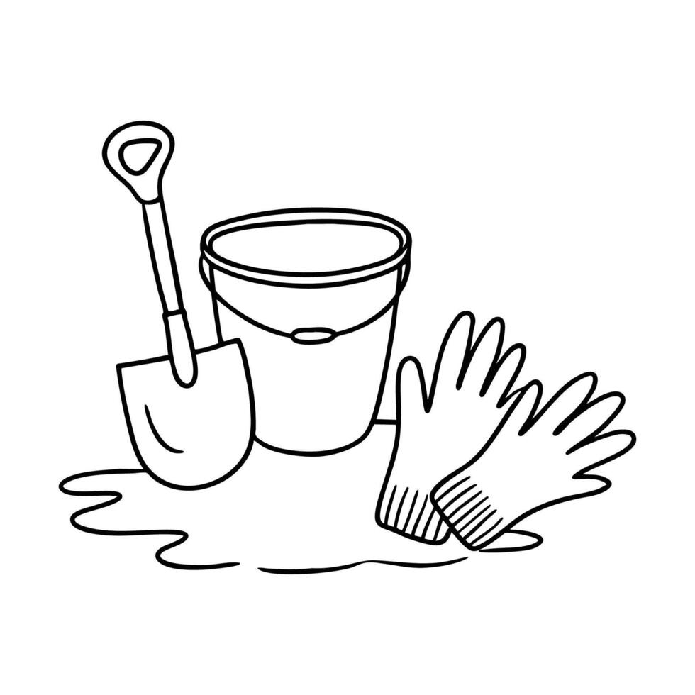 A pair of gloves placed next to a shovel and bucket on the ground vector