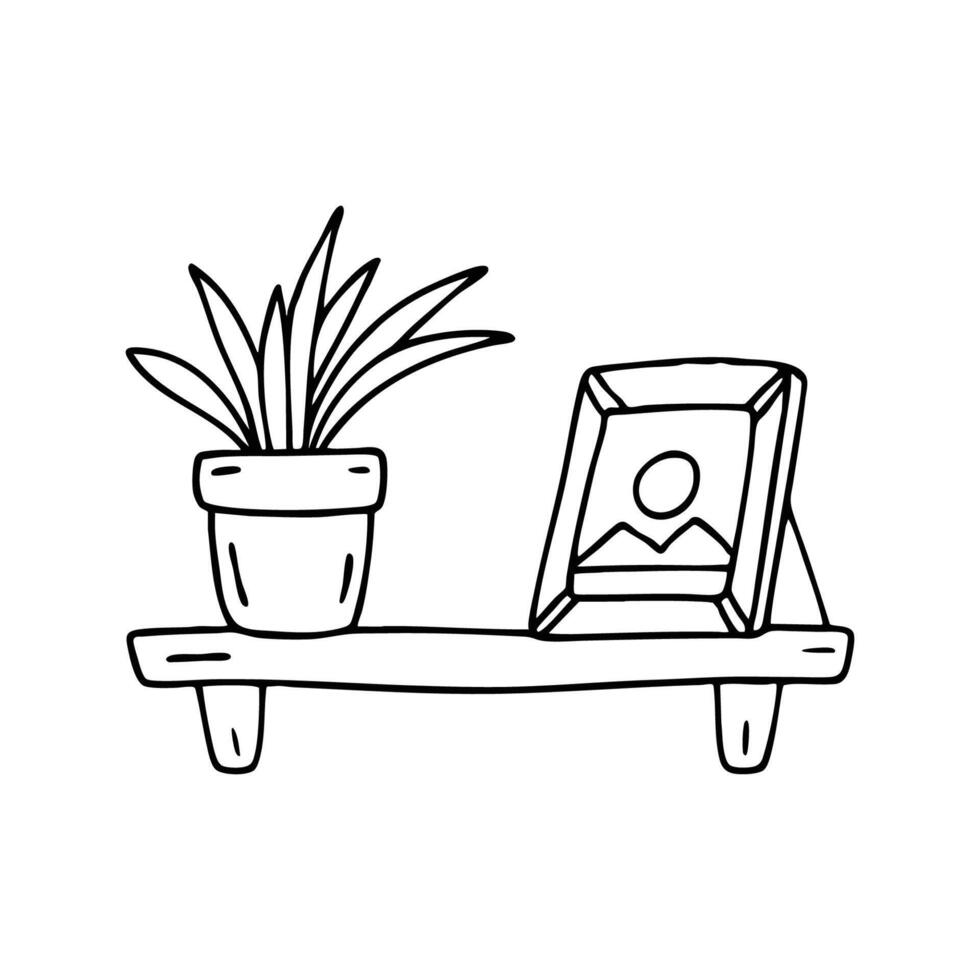 A plant pot and photo frame sitting on a narrow wall shelf vector