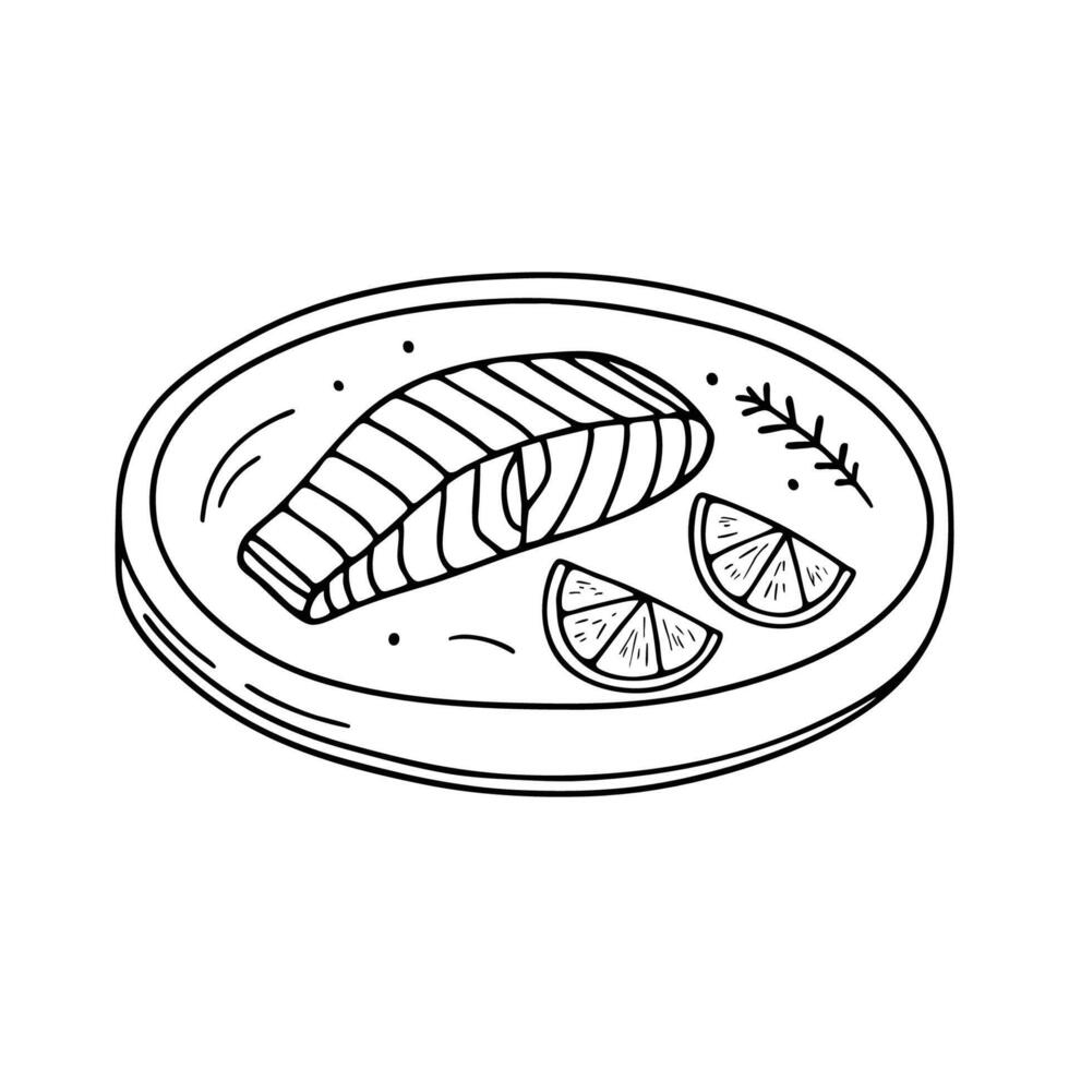 A grilled salmon served beside lemon wedges with a sprinkle of herbs vector