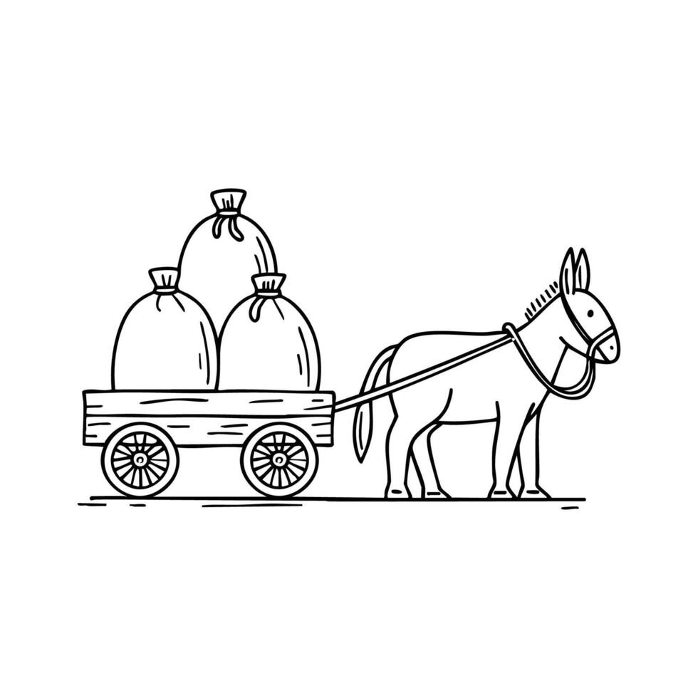 Sacks stacked high on a wooden cart pulled by a donkey vector