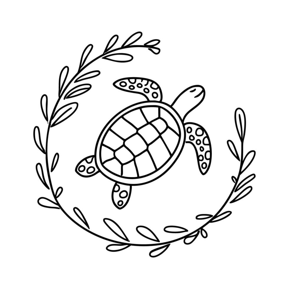 A sea turtle surrounded by floating seaweed and drift vector