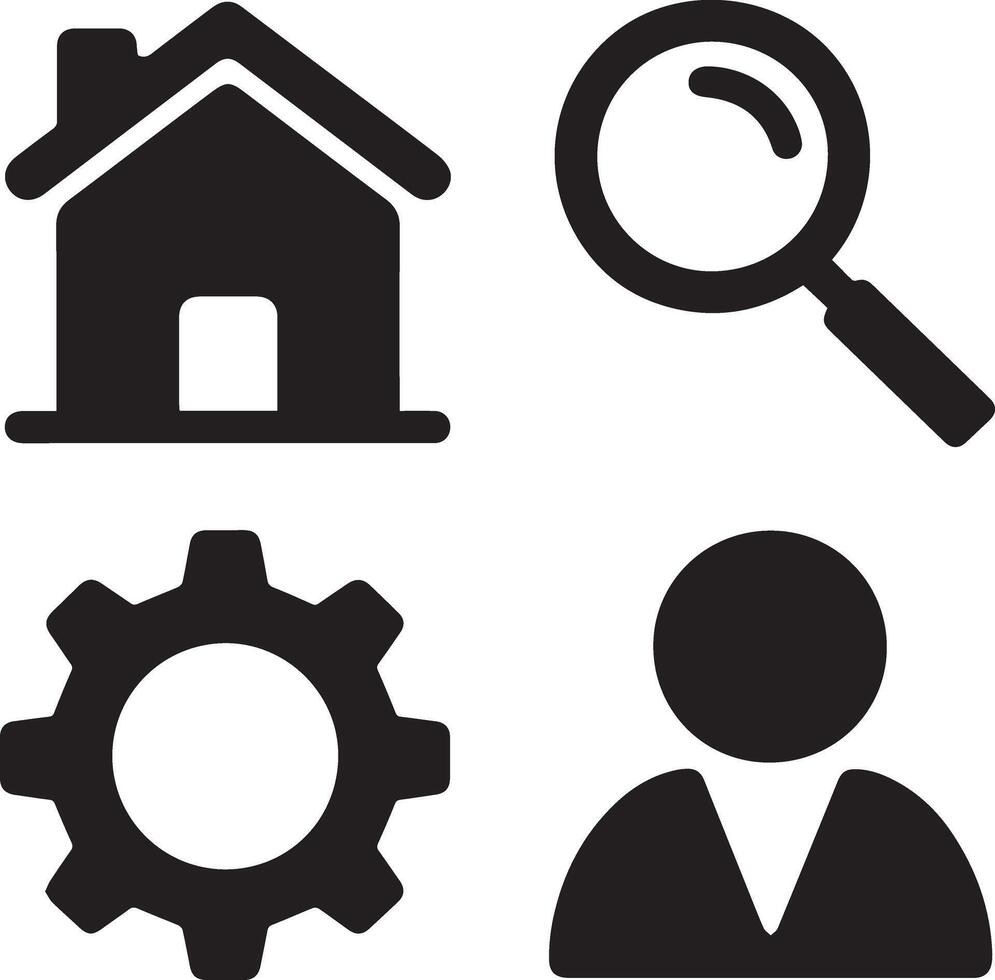 Essential UI Icon Set Home, Settings, Profile and Search Silhouettes vector