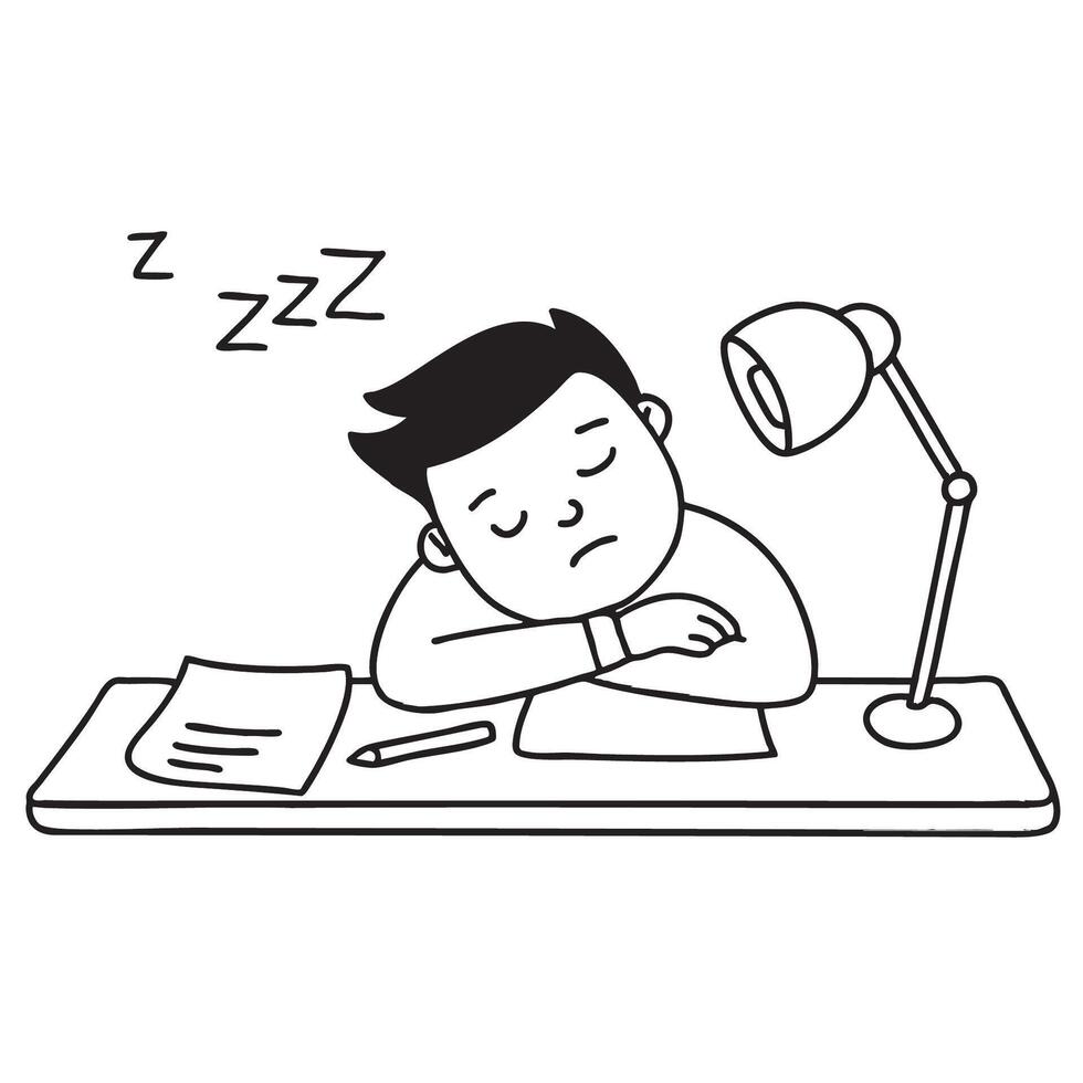 A man asleep at a desk, with pen papers and a still lamp beside vector