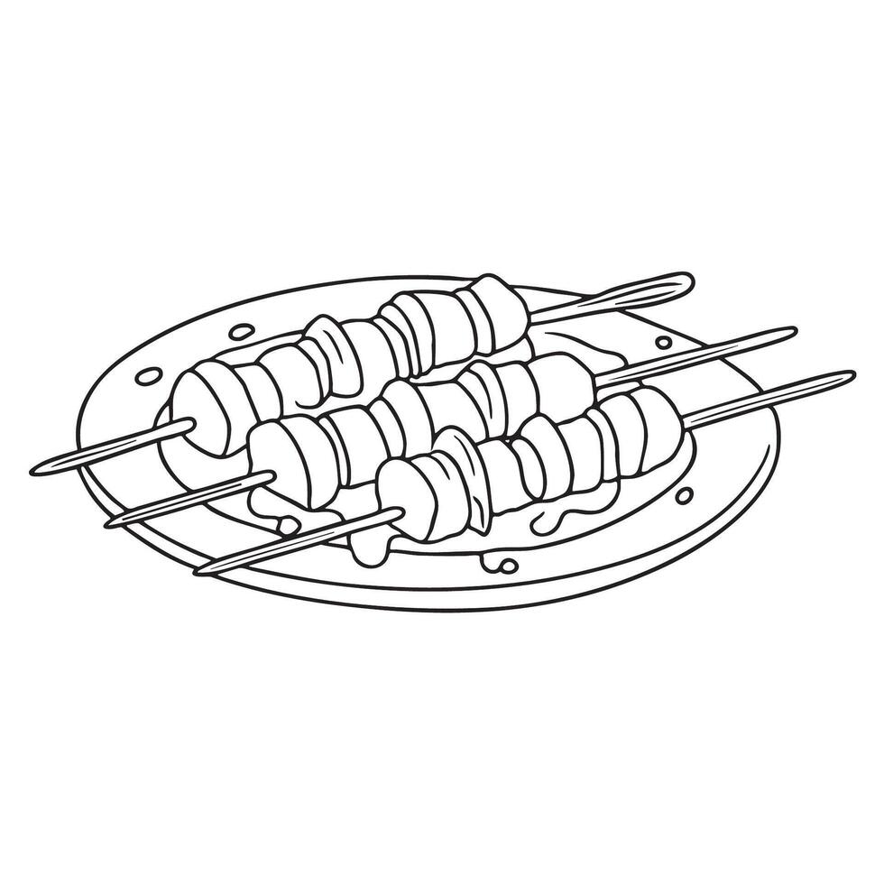 Four meat and pepper skewers with dripping sauce on a ceramic dish vector