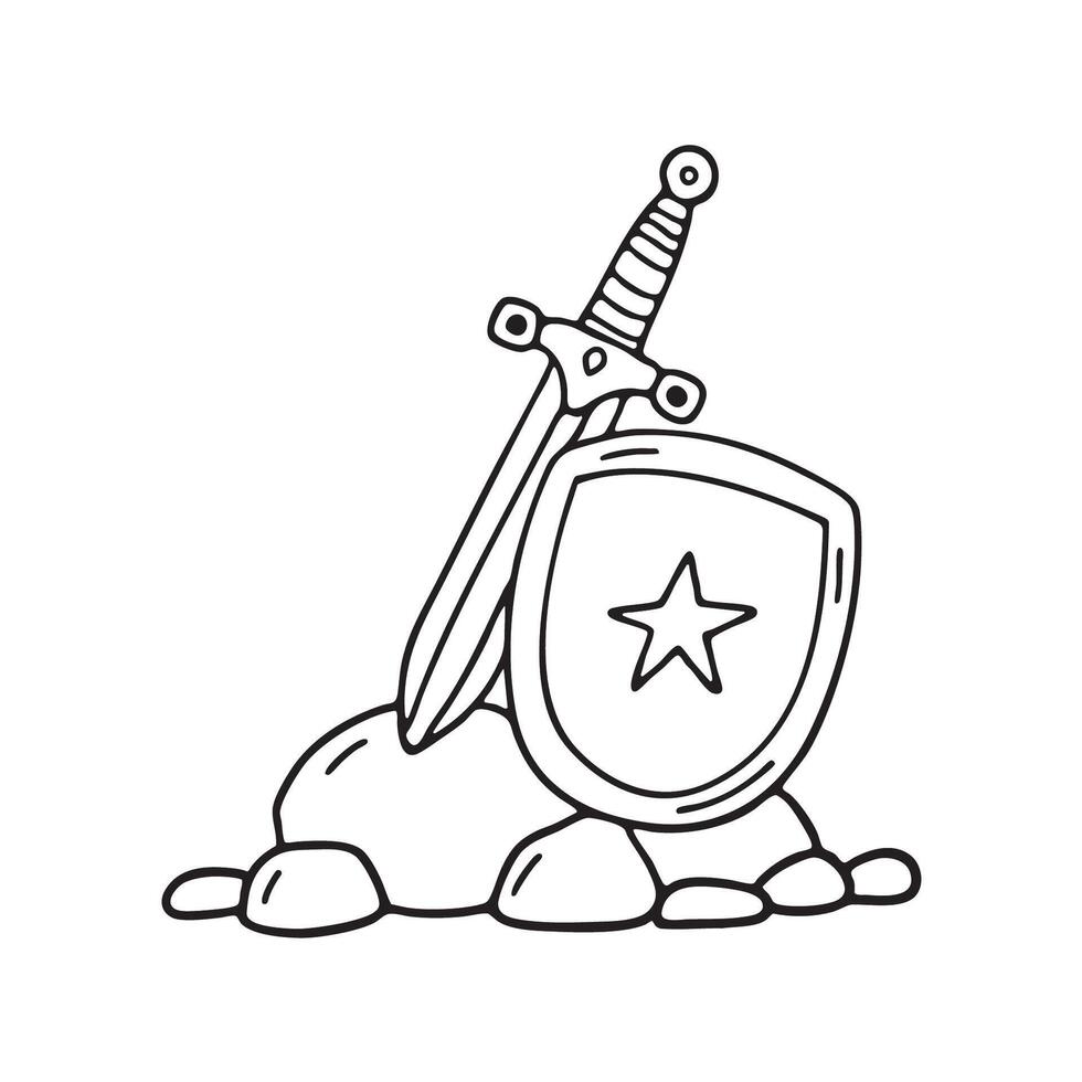 A sword with solid shield lying on a stone vector
