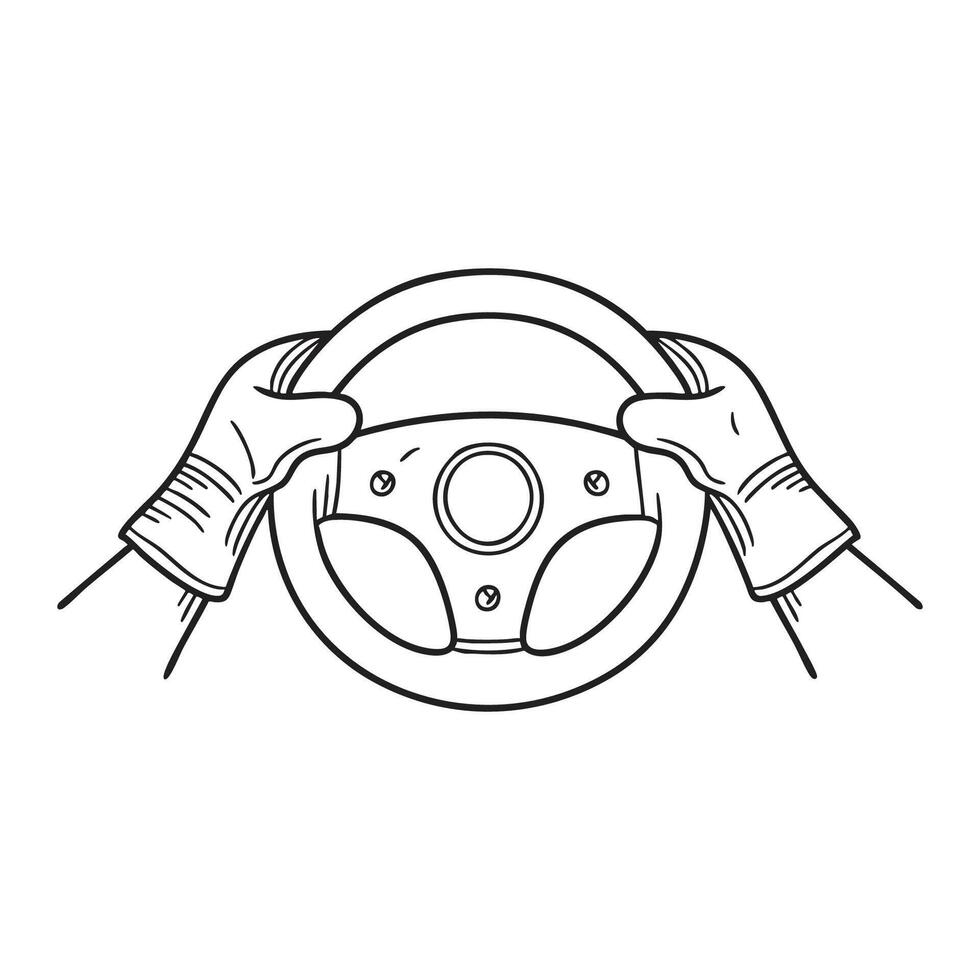 Hands wear racing gloves gripping a worn steering wheel vector