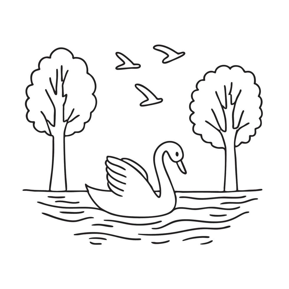 A swan gliding across still water under trees with birds vector