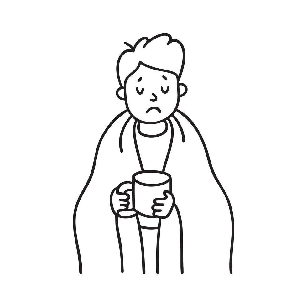 A sick person covered with blanket hold cup of tea vector
