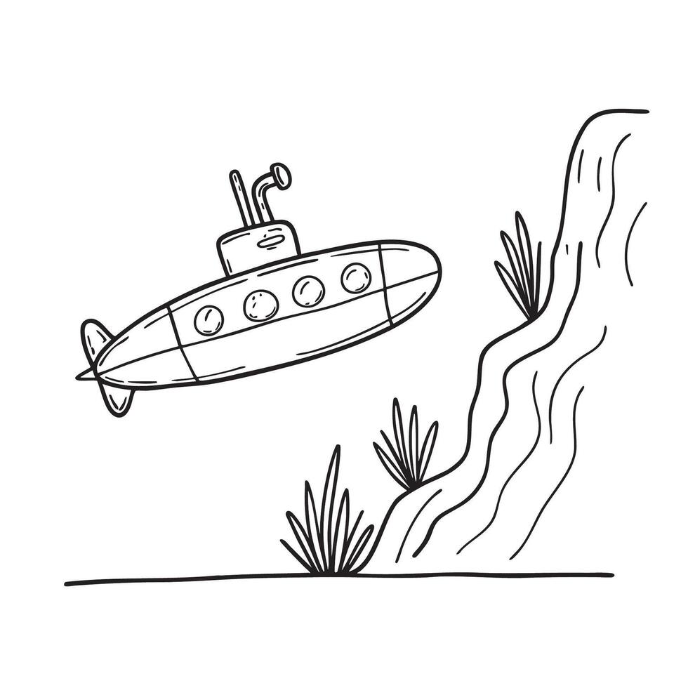 A submarine floating near an underwater cliff in the deep ocean vector
