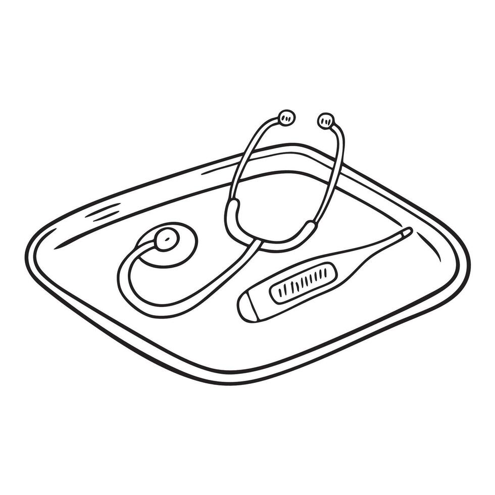 A stethoscope placed next to a thermometer on tray vector