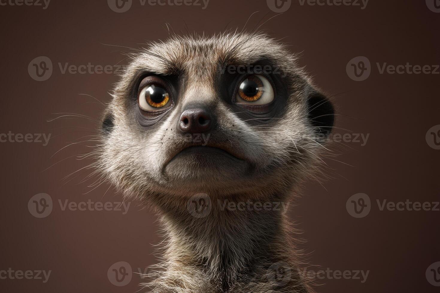 Curious meerkat with wide eyes and expressive features, looking intently straight ahead. Soft fur texture and whiskers visible, neutral backdrop, focus on animal's face, endearing appearance photo