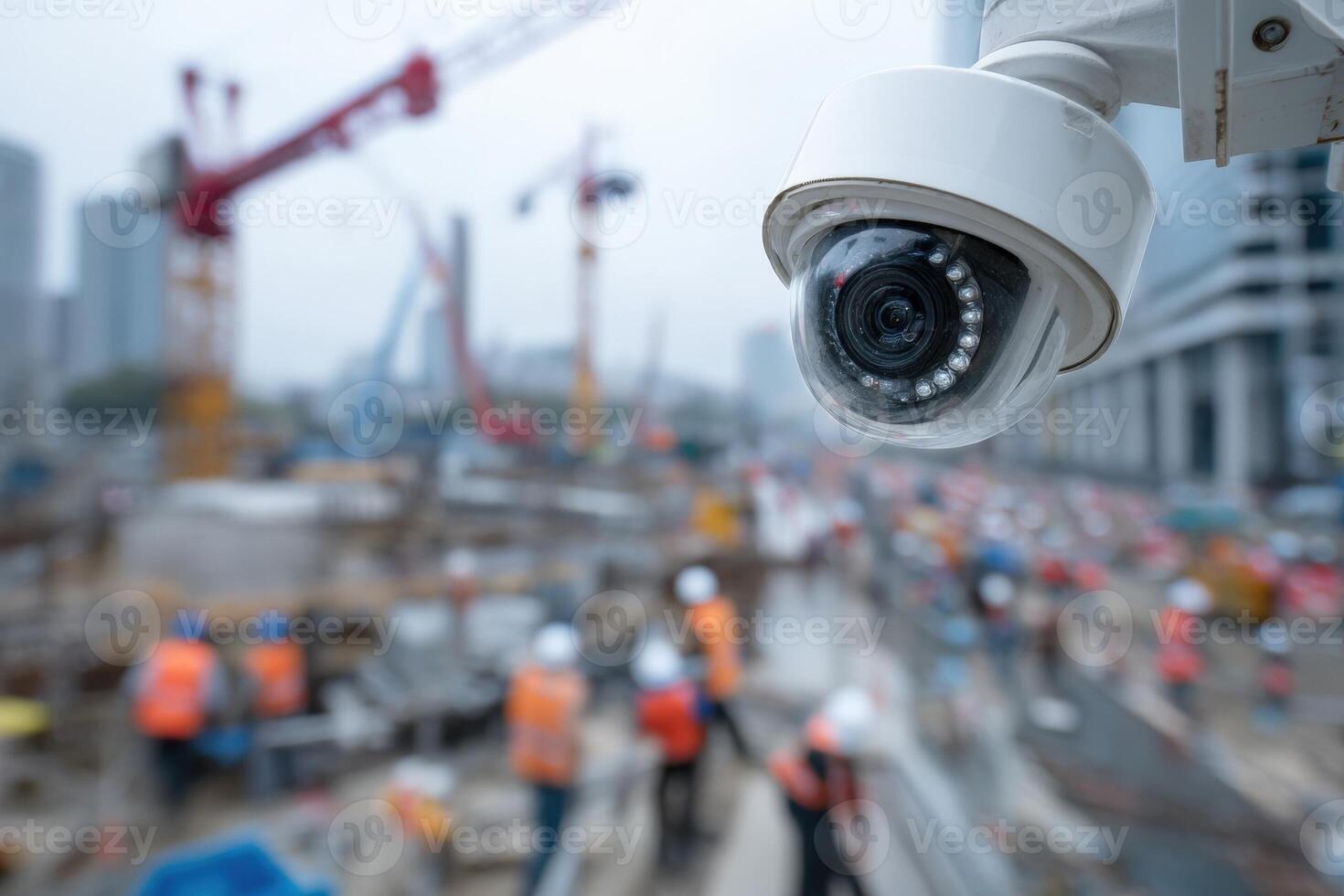 Security camera focuses on a busy construction site with workers in safety helmets and vests, blurred city skyline and cranes in the background, creating an urban industrial atmosphere photo