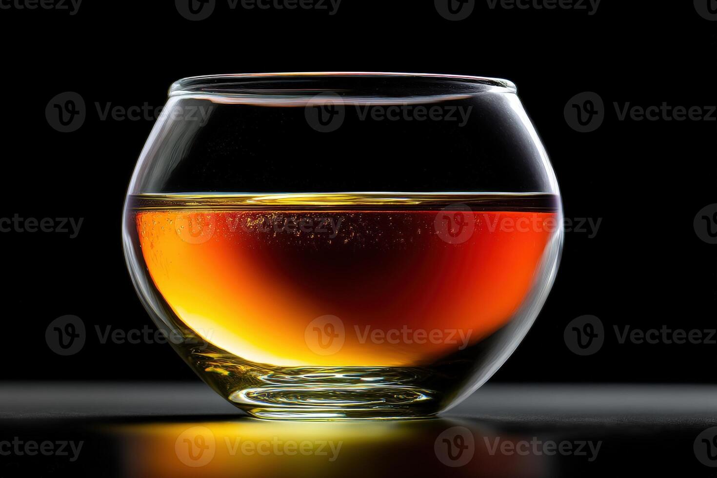 Round glass filled with amber liquid, likely whiskey, creates a warm glow against a dark backdrop. Reflections and highlights emphasize its clarity and smooth texture photo