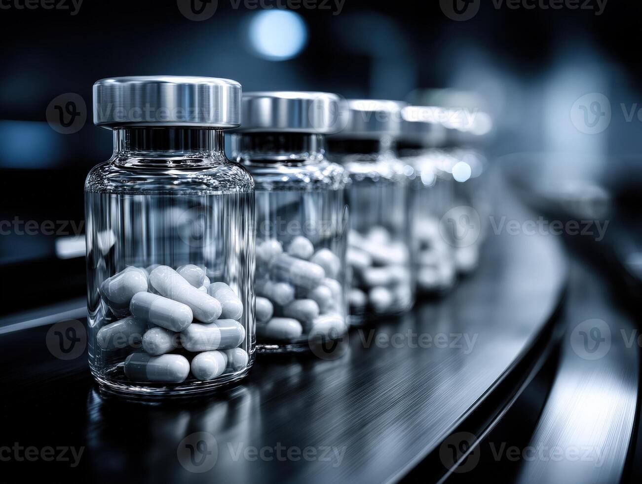 Glass bottles filled with white capsules line a conveyor belt, reflecting a modern, industrial setting. The focus is on the foreground, creating a sense of depth and precision photo