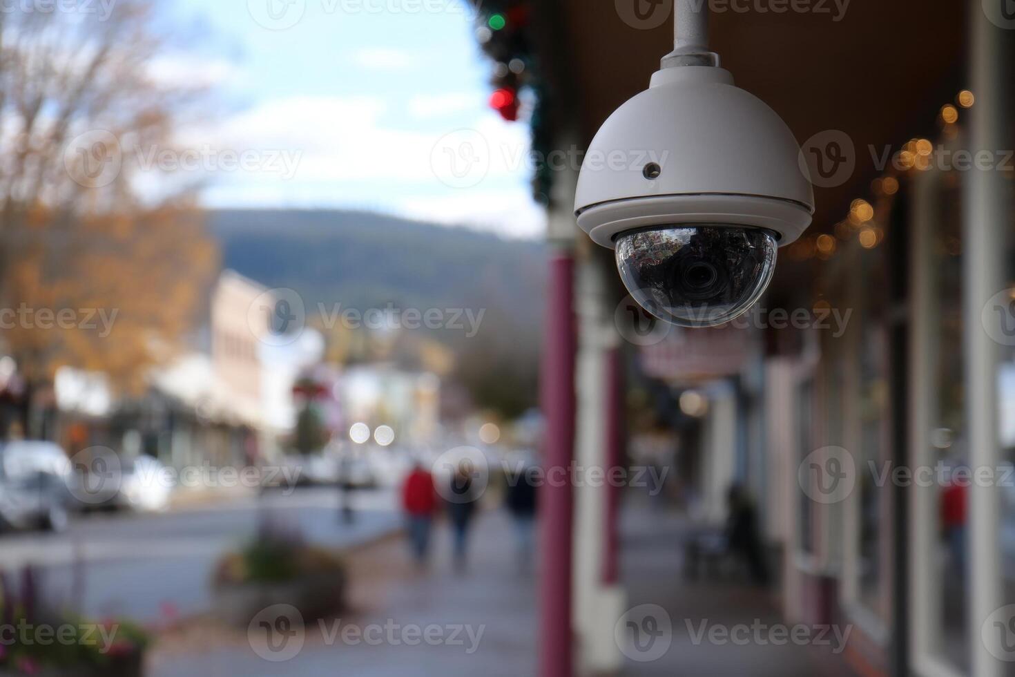 Security camera hangs above a blurred street view with pedestrians and parked cars. Trees and buildings line the sidewalk, while distant hills rise under a partly cloudy sky photo