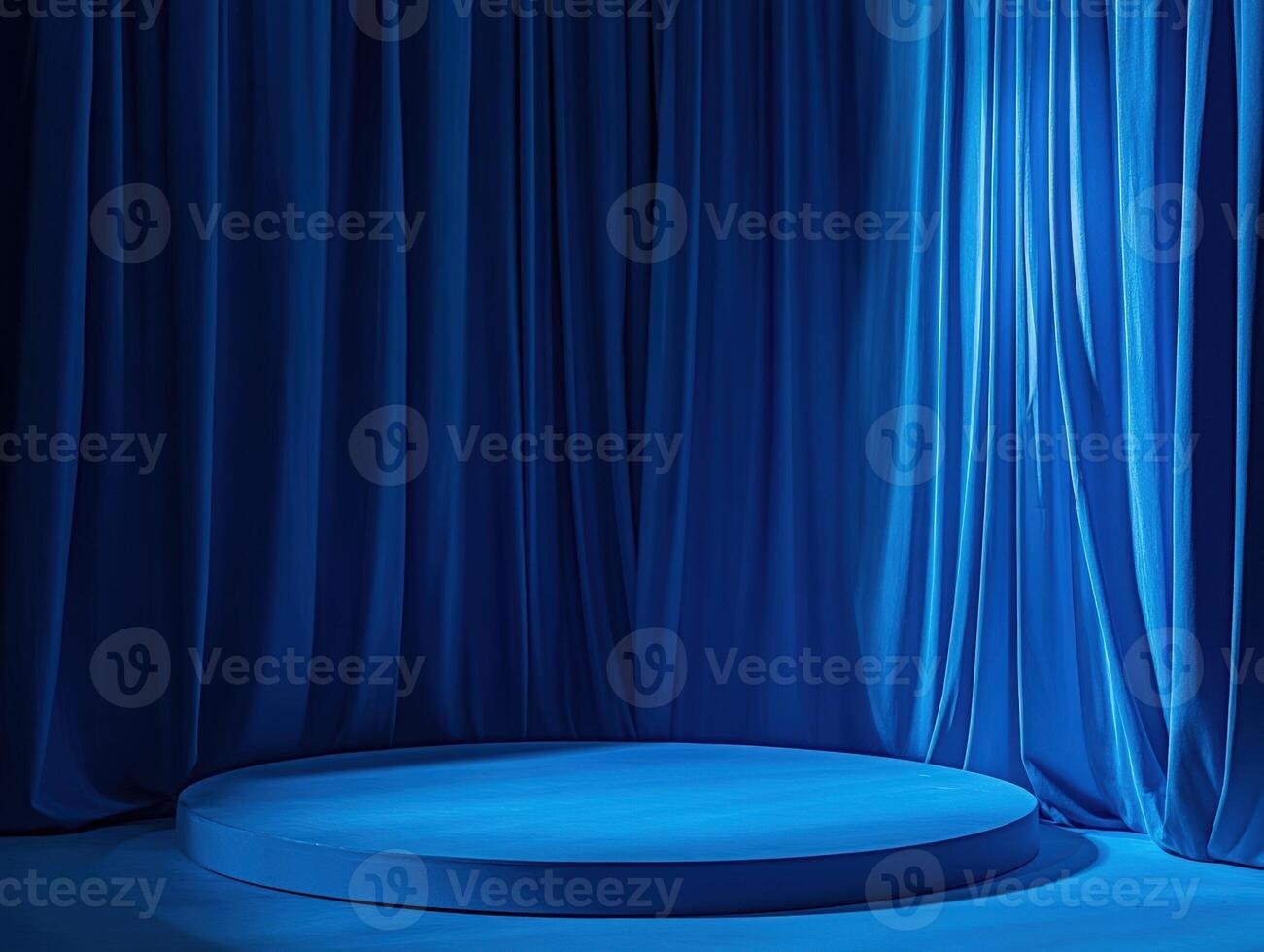 Luxurious blue curtains surround a circular platform, creating an elegant and dramatic scene with flowing folds and soft lighting, ideal for display, presentation, or minimalist decor photo