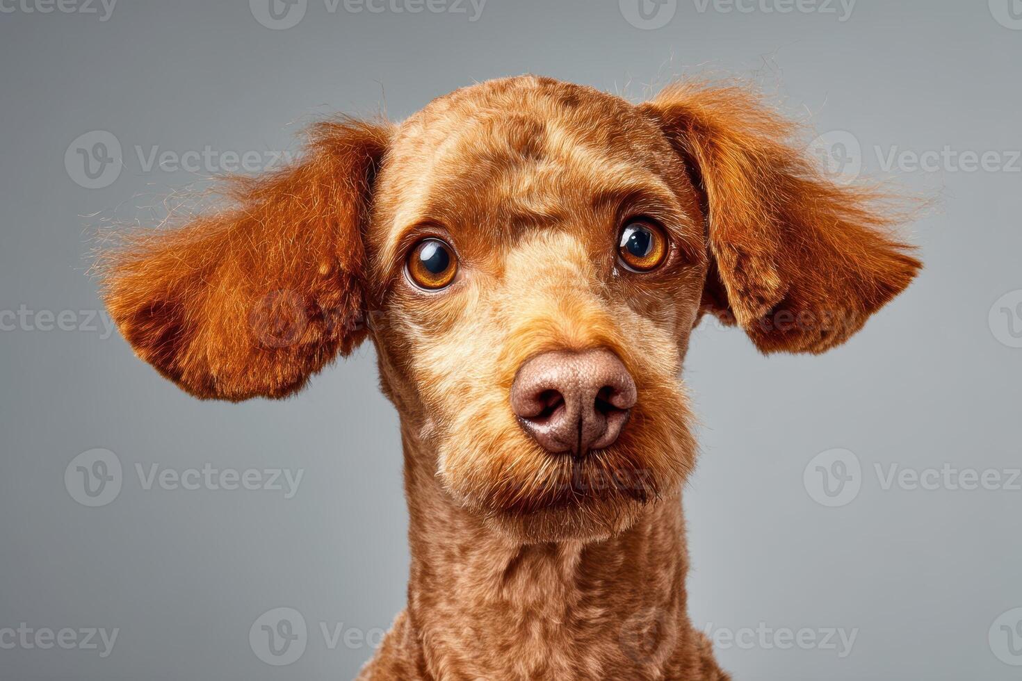Curly-haired dog with large, expressive eyes and floppy ears looks directly at the camera. Its fur has a reddish-brown color. The background is in a neutral tone, complementing the subject photo