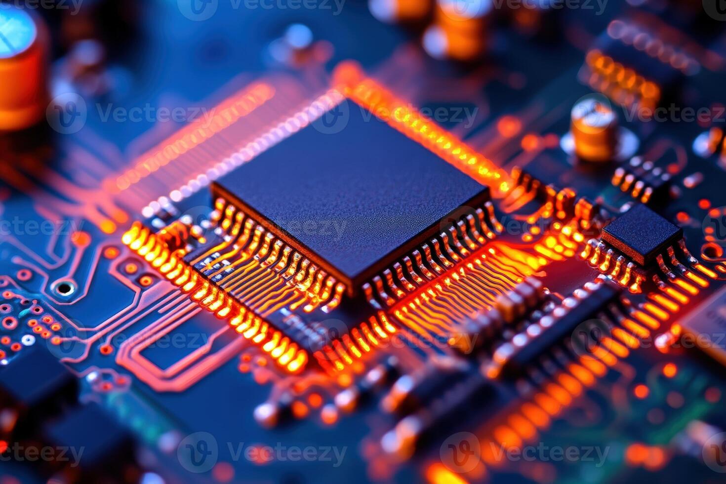 Close-up of a microchip on a circuit board, glowing with orange and blue lights, showcasing intricate patterns and tiny components, symbolizing advanced technology and innovation photo