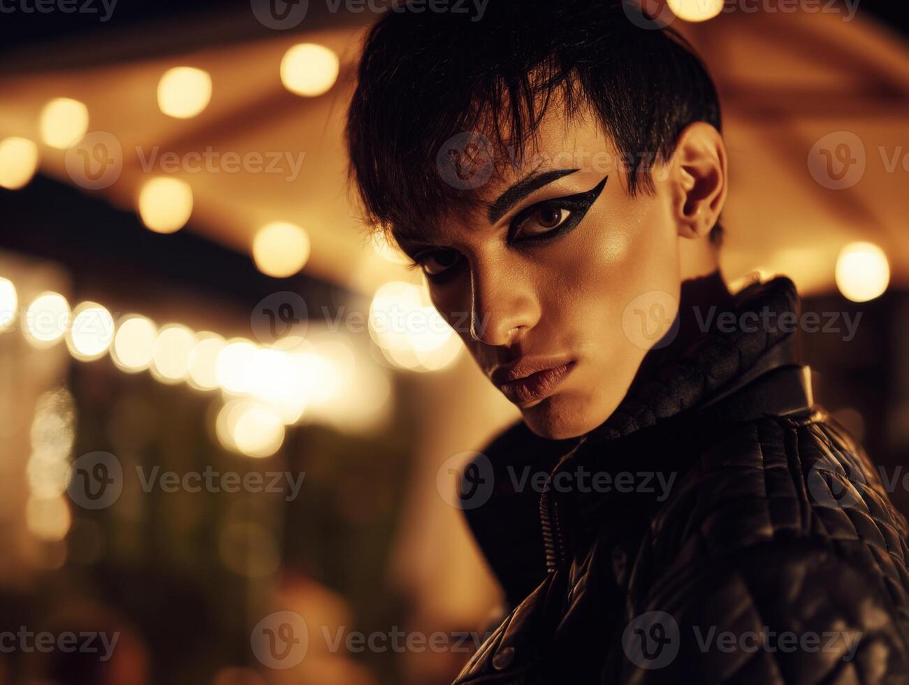 Young individual with dramatic eye makeup, wearing a dark jacket. Bokeh lights create a warm, blurry background, enhancing the mysterious, edgy atmosphere of the scene photo