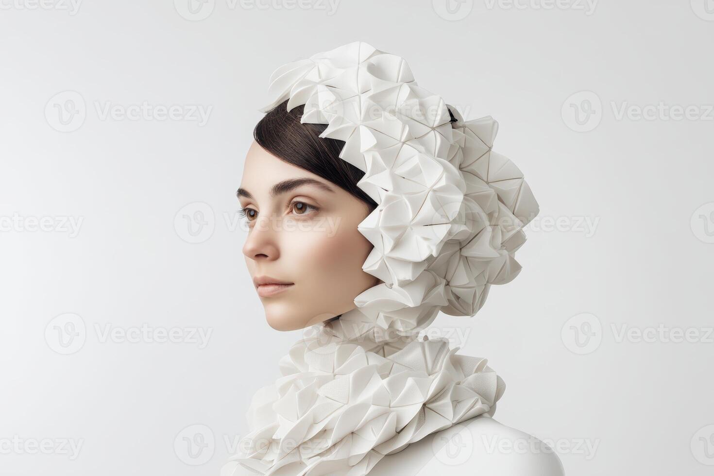 Profile of a woman wearing an intricate, origami-inspired white headdress and matching neckpiece. Her expression is serene, and the geometric design adds a futuristic touch to her attire photo