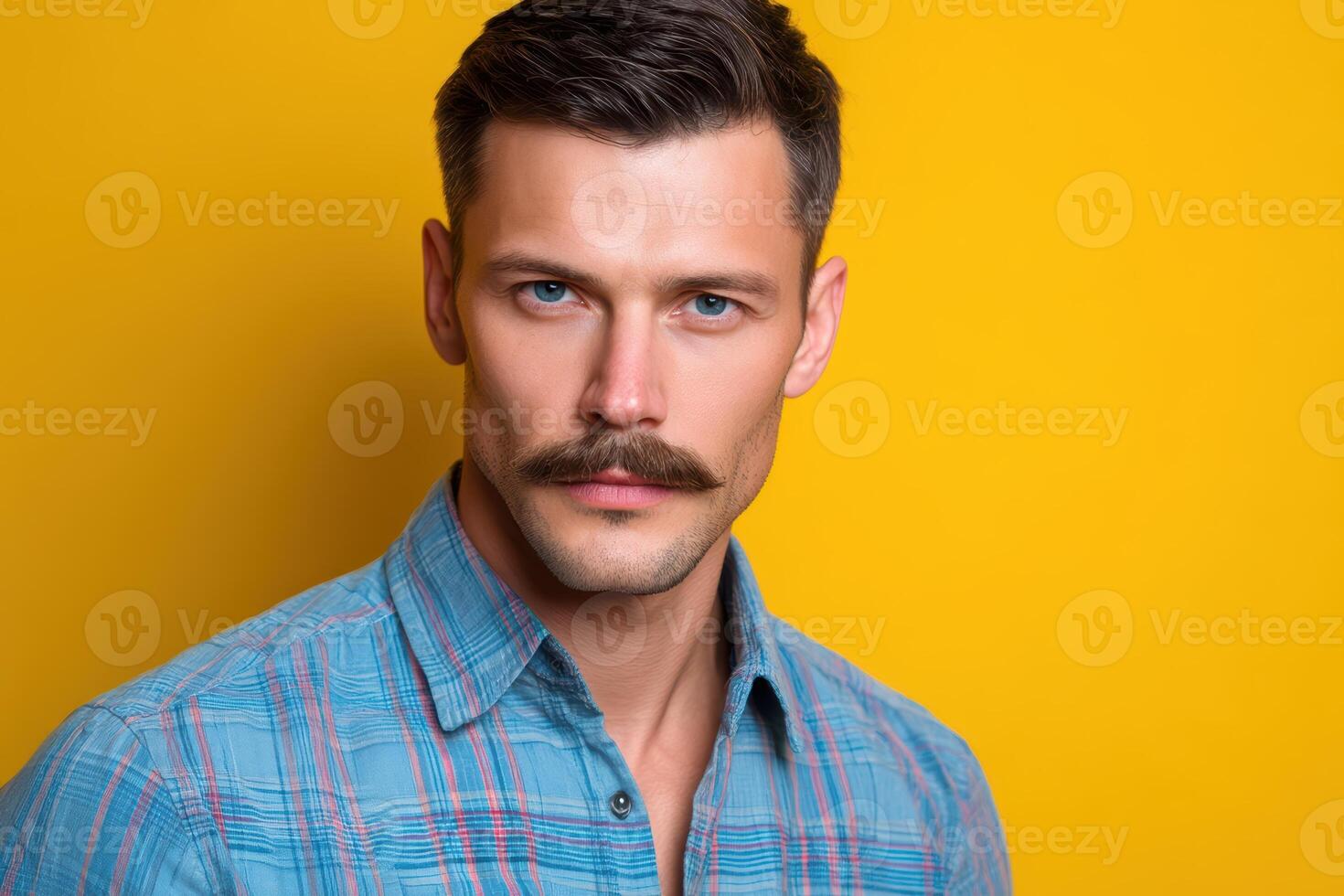 Handsome man with a mustache and short hair wears a blue plaid shirt, looking directly at the camera. He has striking blue eyes and a confident expression photo
