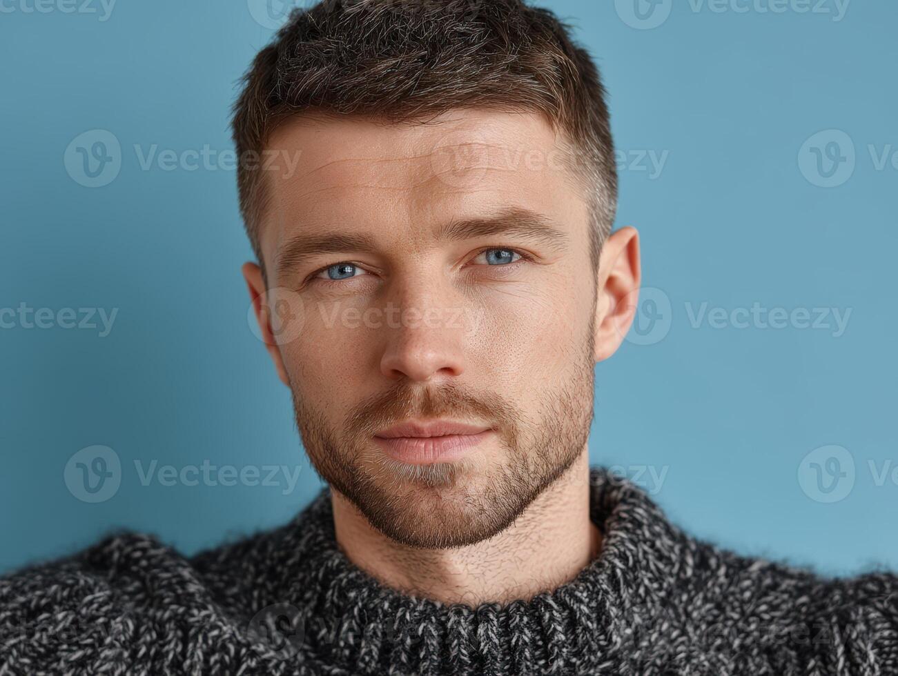 Man with short hair and light beard stares confidently. He wears a textured sweater against a blue backdrop, showcasing bright eyes and a calm expression, suggesting contemporary style photo