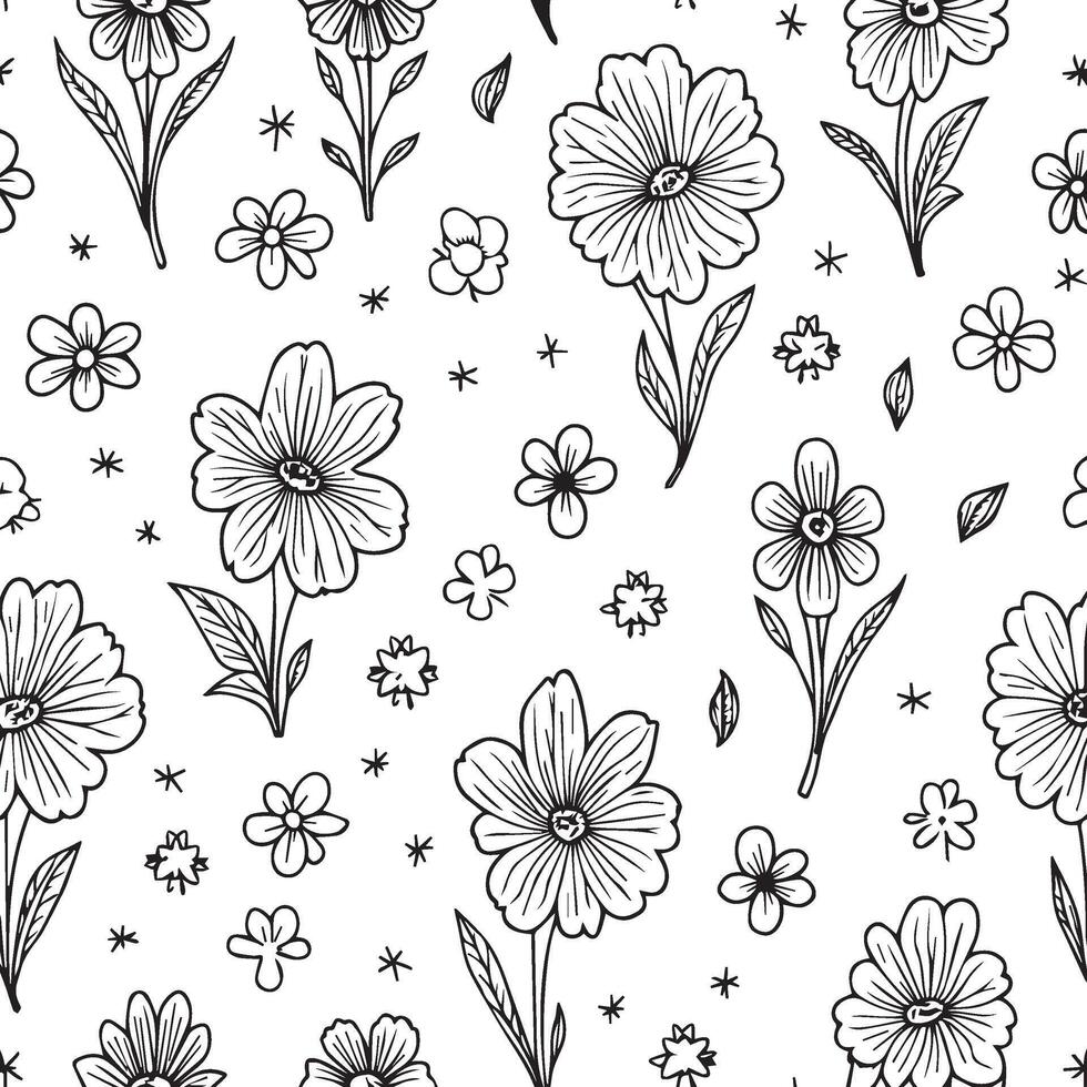 Hand-Drawn Floral Pattern in Black and White vector