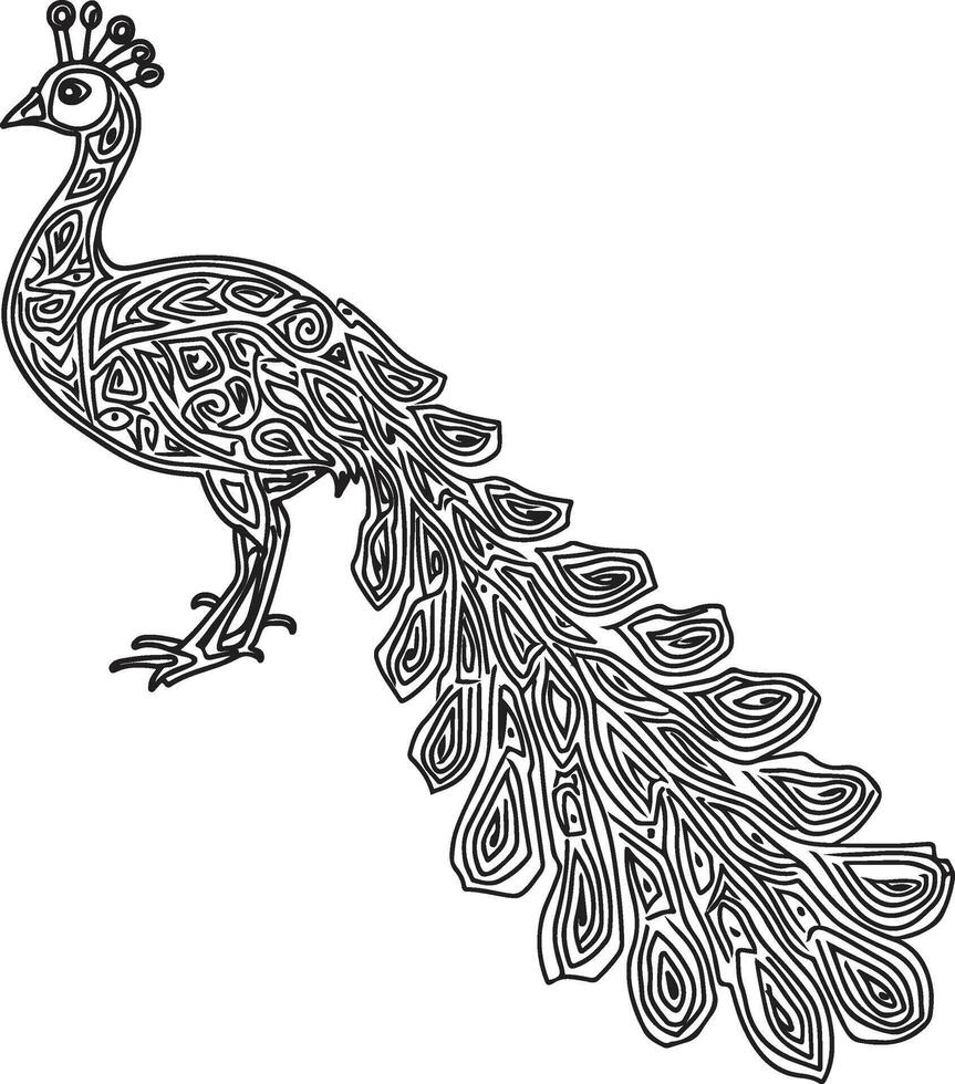 Intricate Black and White Peacock Silhouette vector