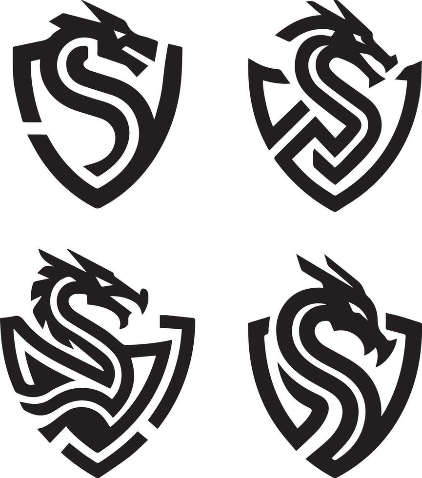 A minimalist logo setwith a sleek, abstract silhouette of a dragon intertwined with a shield. vector