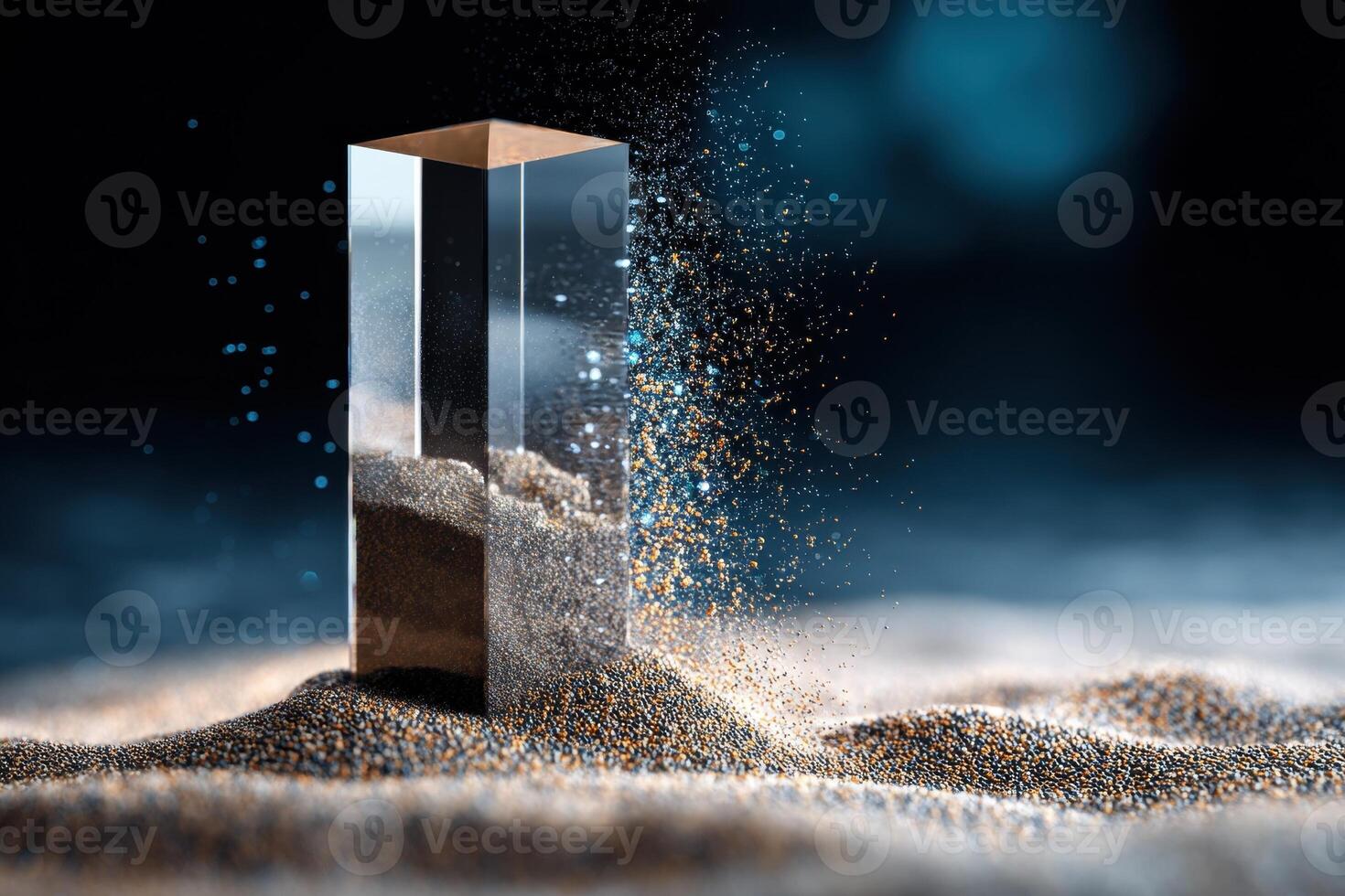 Tall clear prism stand on rippled sand surface. Tiny sand particles scatter around prism, creating sense of motion and contrast. Blue bokeh effect adds mystical ambiance photo