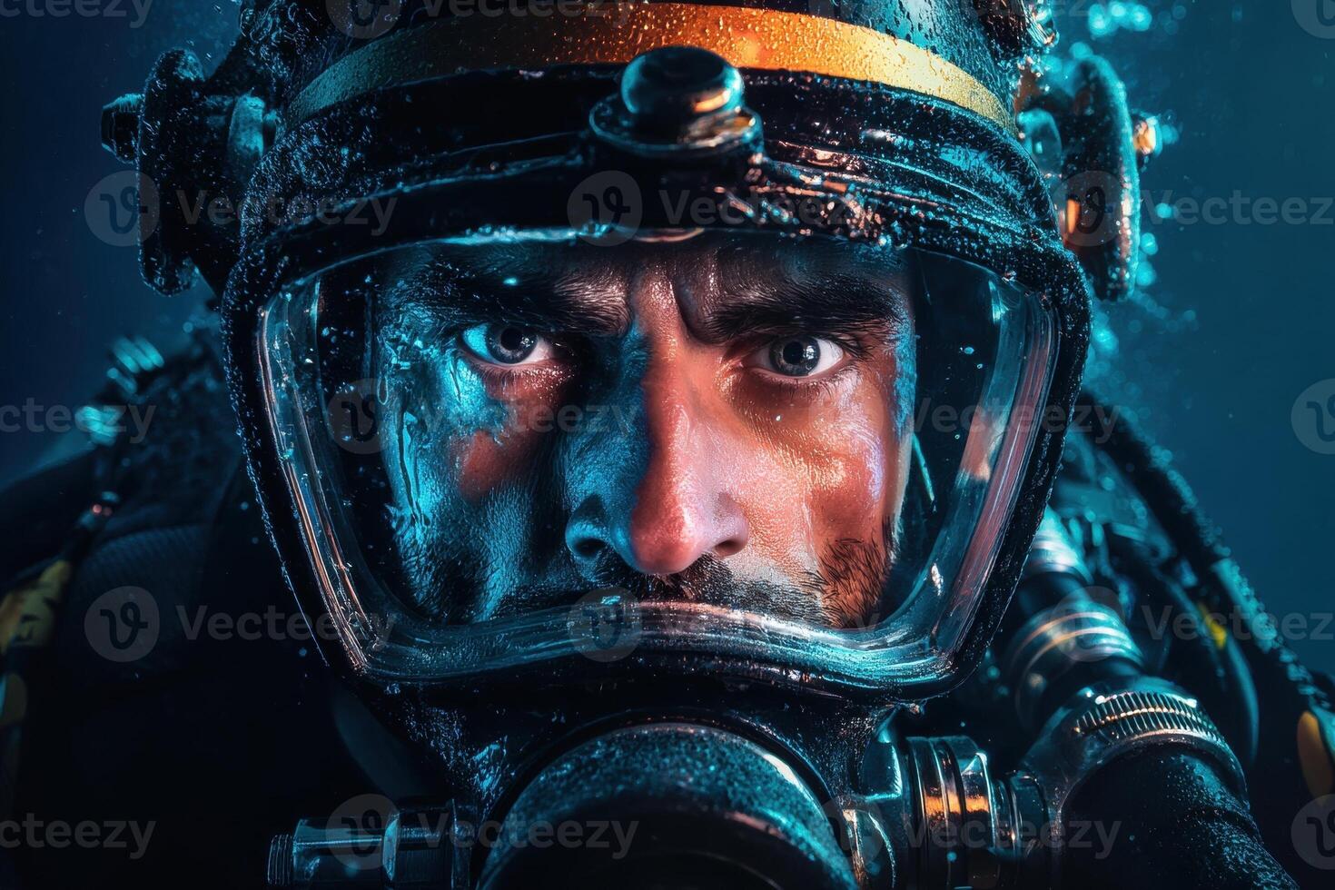 Focused scuba diver wearing a helmet with water droplets and reflections visible on the visor. The expression is intense, with an emphasis on the eyes and underwater equipment details photo