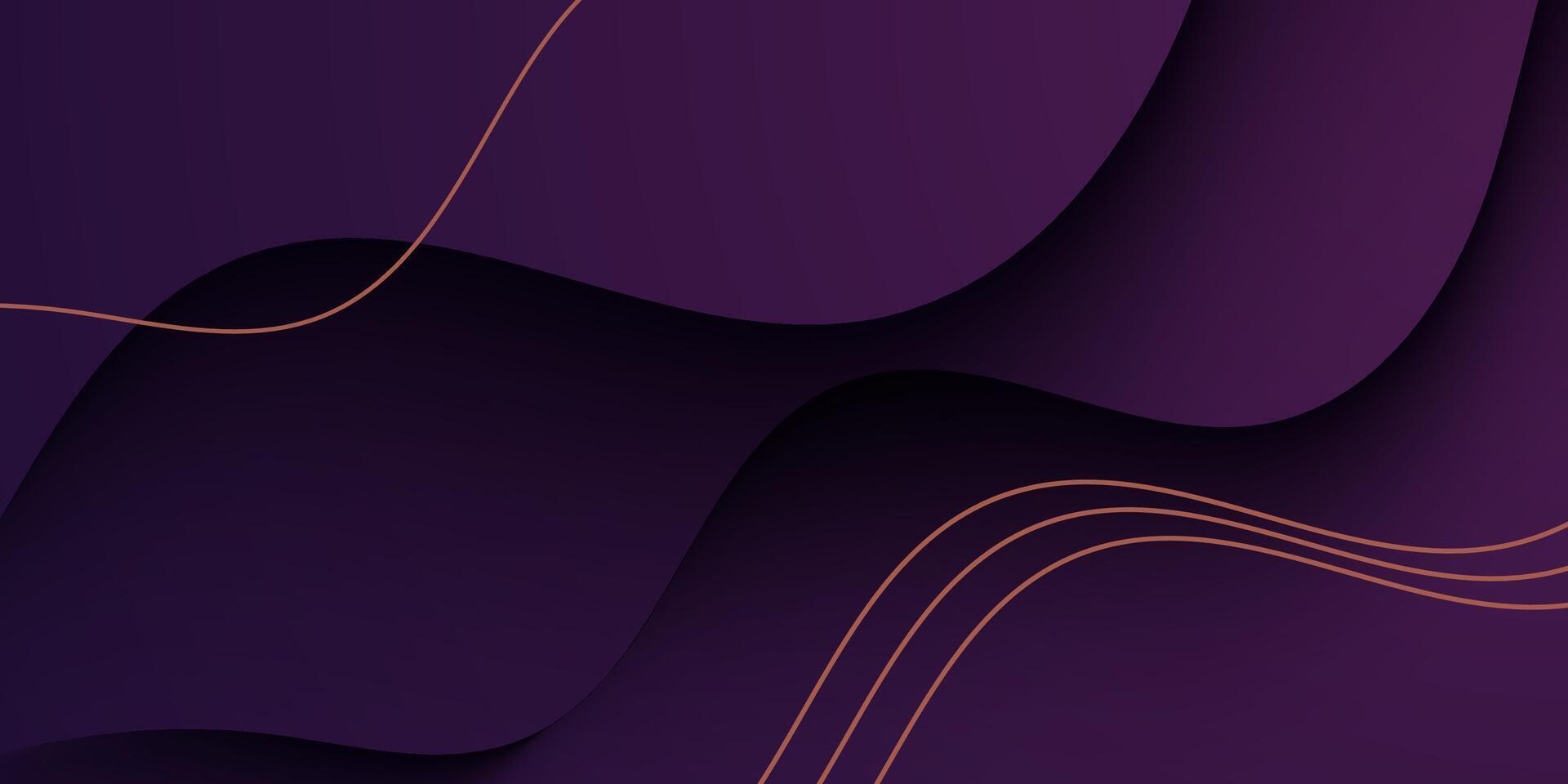 Abstract dark purple realistic wave background. Simple wave shadow pattern with gold lines. vector