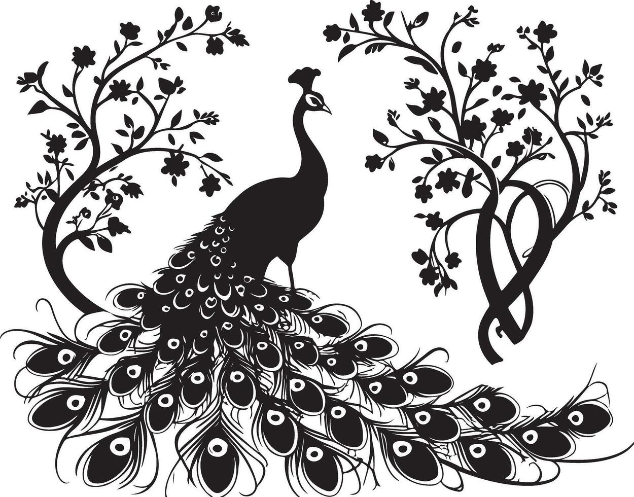 A black silhouette of a peacock Bird and tree vector