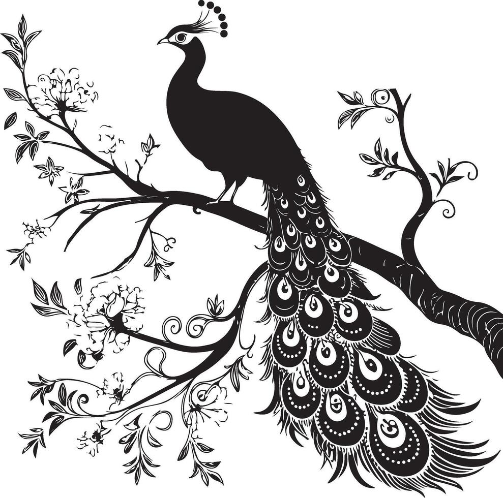 Peacock Silhouette - Majestic Bird with Elaborate Tail Display on White Background vector