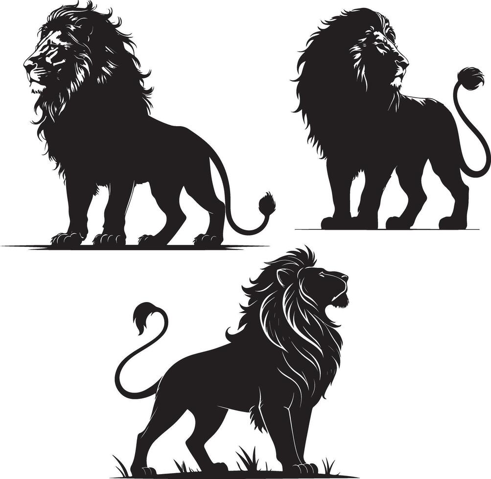 Male lion black silhouette icon set vector