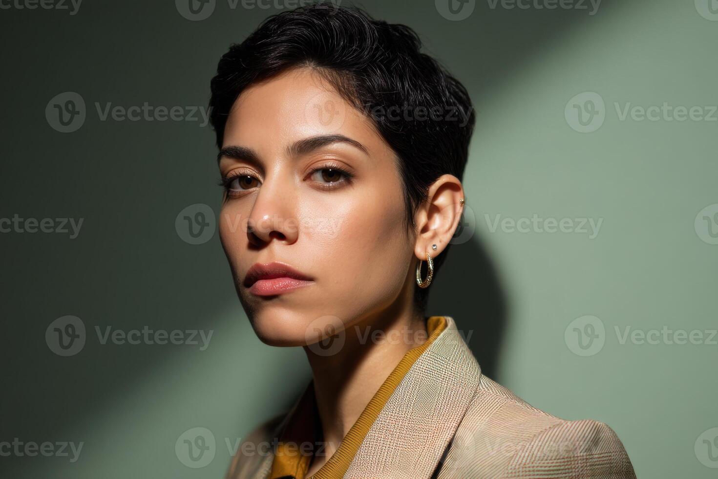 Sharp portrait of a person with a short hairstyle, wearing a plaid blazer and yellow top. Light falls on one side of the face, casting a distinct shadow, expression confident photo
