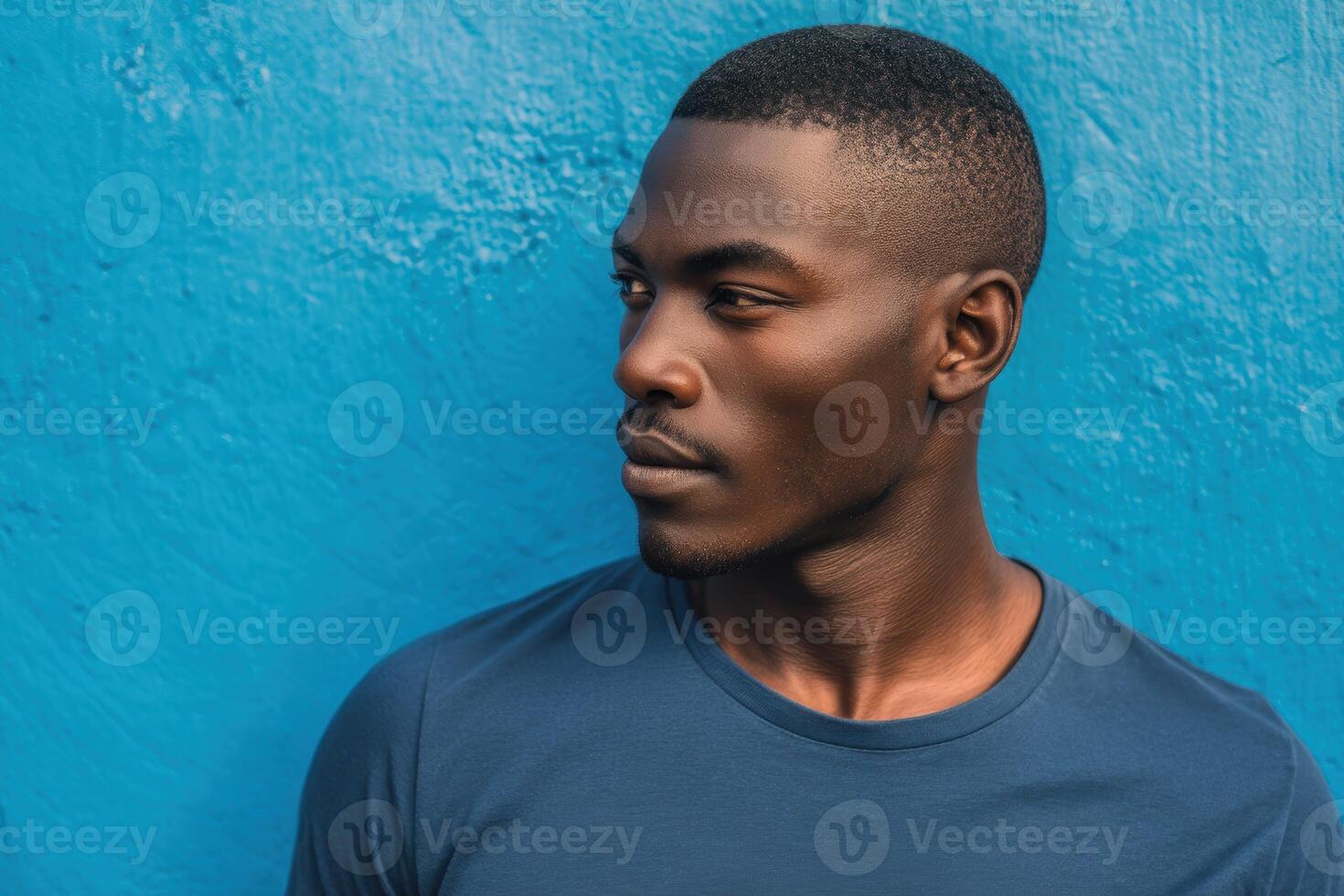 Young man with short haircut wearing a dark blue t-shirt, facing right, set against a vivid blue textured wall, exuding a calm and thoughtful expression, in profile view photo