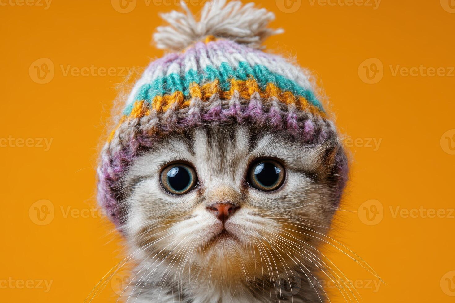 Kitten with wide eyes wearing a colorful knitted hat with pom-pom. The striped fur contrasts with the vibrant hat, creating a cute and whimsical appearance without any text present photo