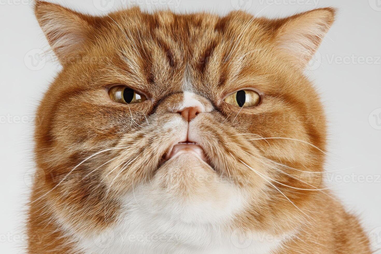 Brown and white cat with a flat face and intense expression, wrinkles on the forehead, small ears, and short fur. The cat appears focused and slightly grumpy, with a prominent nose photo