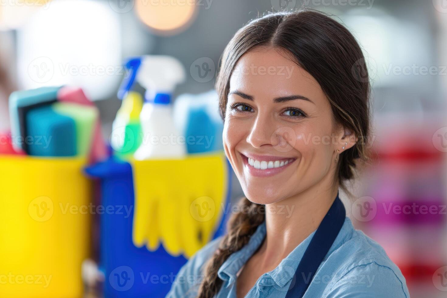 Smiling woman with brown hair in braid wearing blue shirt, standing near cleaning supplies like spray bottles and sponges, out of focus background. No text visible photo