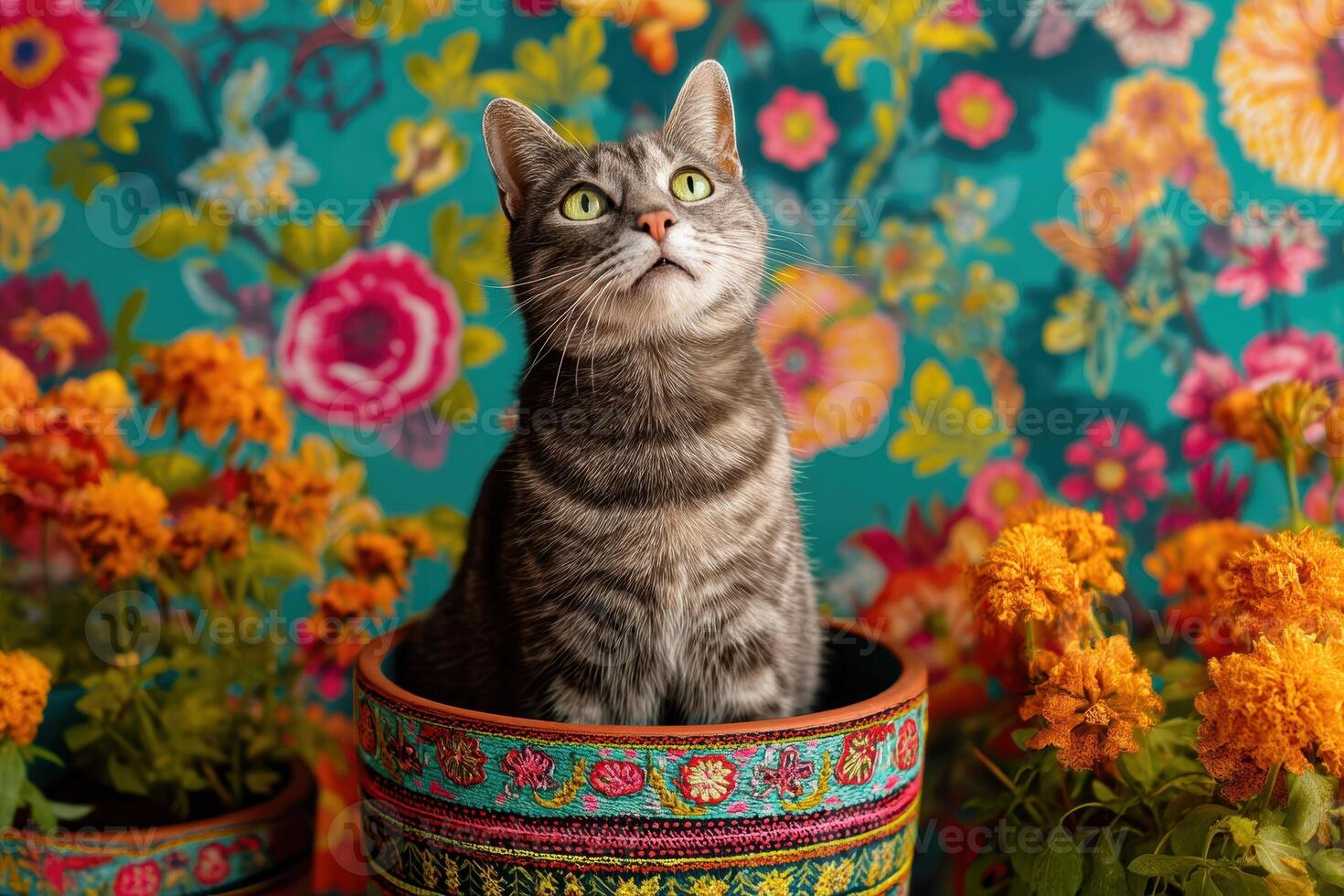 Tabby cat sits in colorful patterned pot surrounded by vibrant orange marigolds. Background features bright floral wallpaper with a mix of blue, pink, and yellow flowers photo